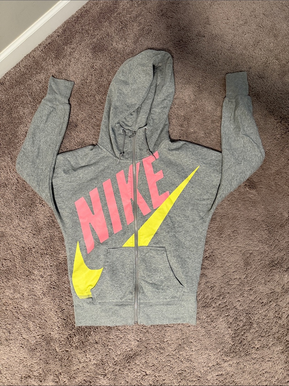 Nike Gray Zip Hoodie with Pink Logo and Yellow Swoosh Accents